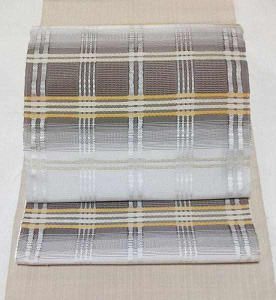 画像2: 九寸名古屋帯　熨斗目格子　茶系 (2)