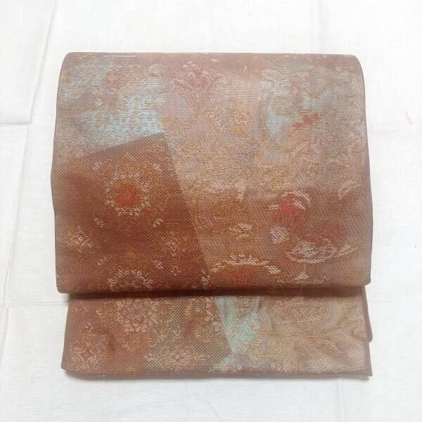 画像2: 袋帯　本袋　裂取り更紗紋　焦茶地 (2)