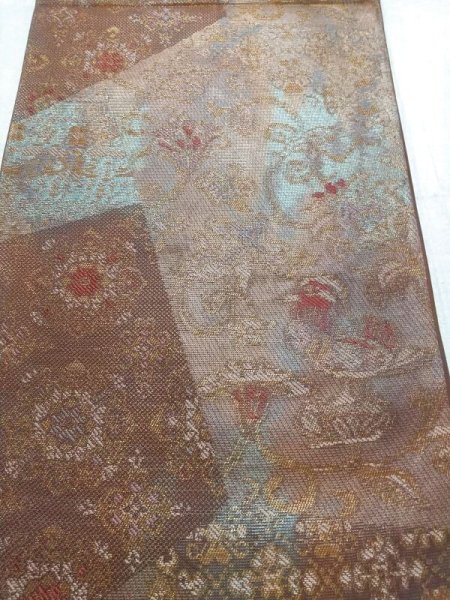 画像4: 袋帯　本袋　裂取り更紗紋　焦茶地 (4)