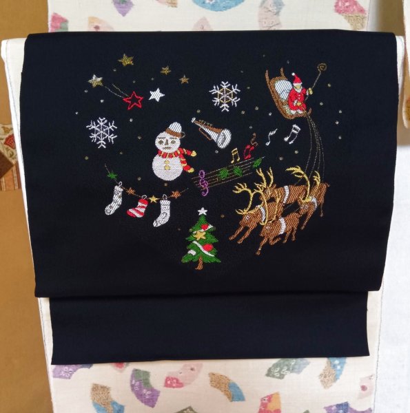 画像2: 九寸名古屋帯 クリスマスハート　＋　帯締め 観世　＋帯揚げ 縮緬 木立 　 (2)