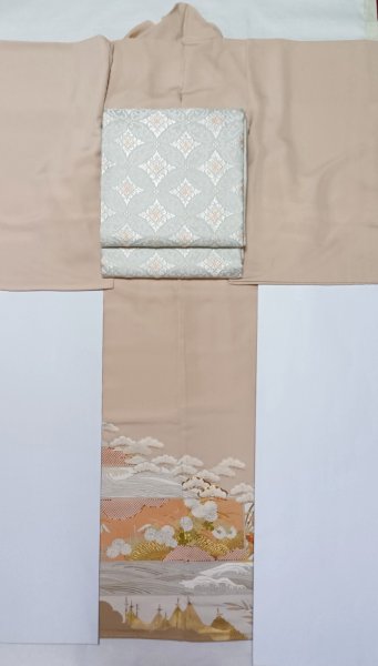 画像1: 色留袖 斜め違い棚四季絵図　＋　袋帯 寿波七宝文 (1)